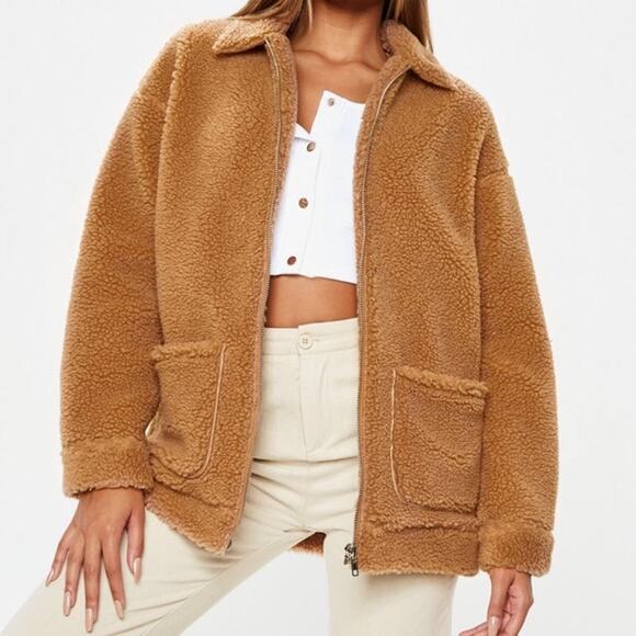 Missguided Jacket Womens 6 Oversized Sherpa Brown Fuzzy Cozy Everyday Teddy - Picture 1 of 9